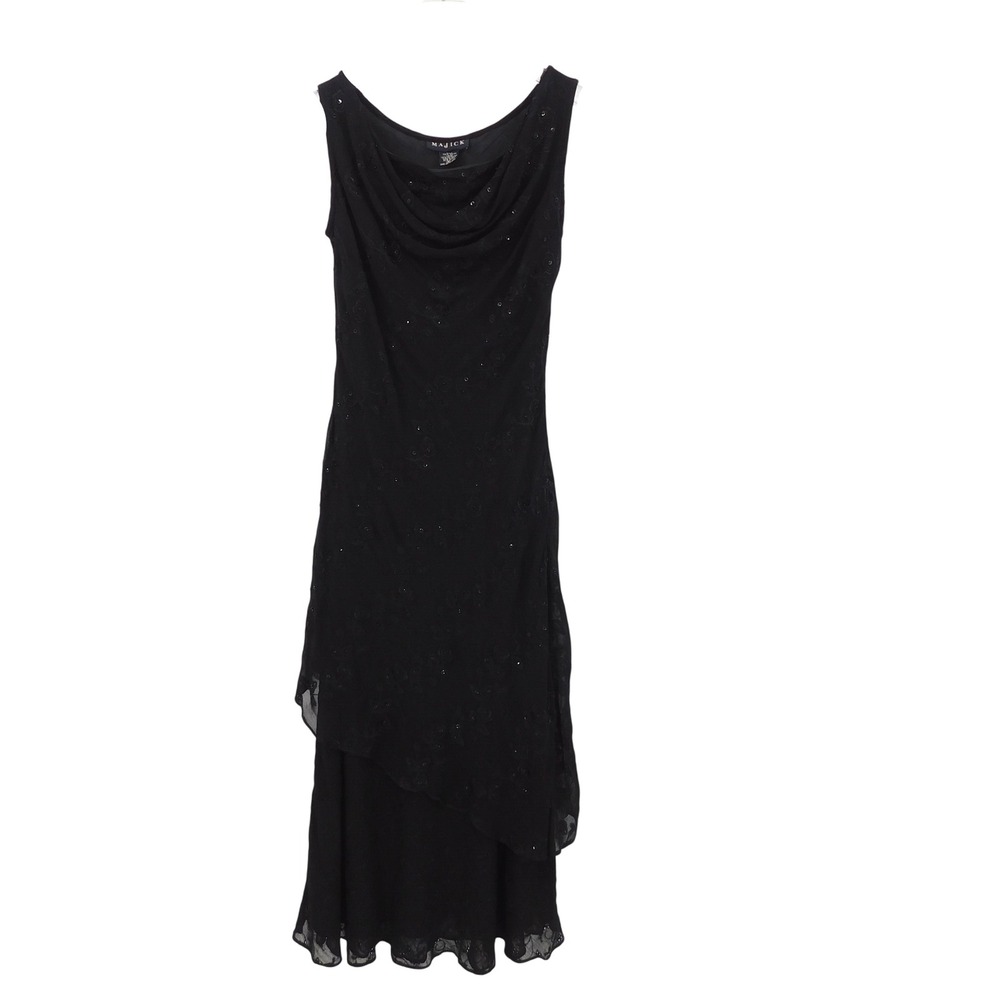 VTG MAJICK Black Sequined Cowl Neck Asymmetrical Midi Dress‎ Y2K